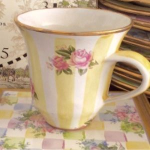 Set of 2 Mackenzie Childs Honeymoon Lemon Curd striped with roses mugs!